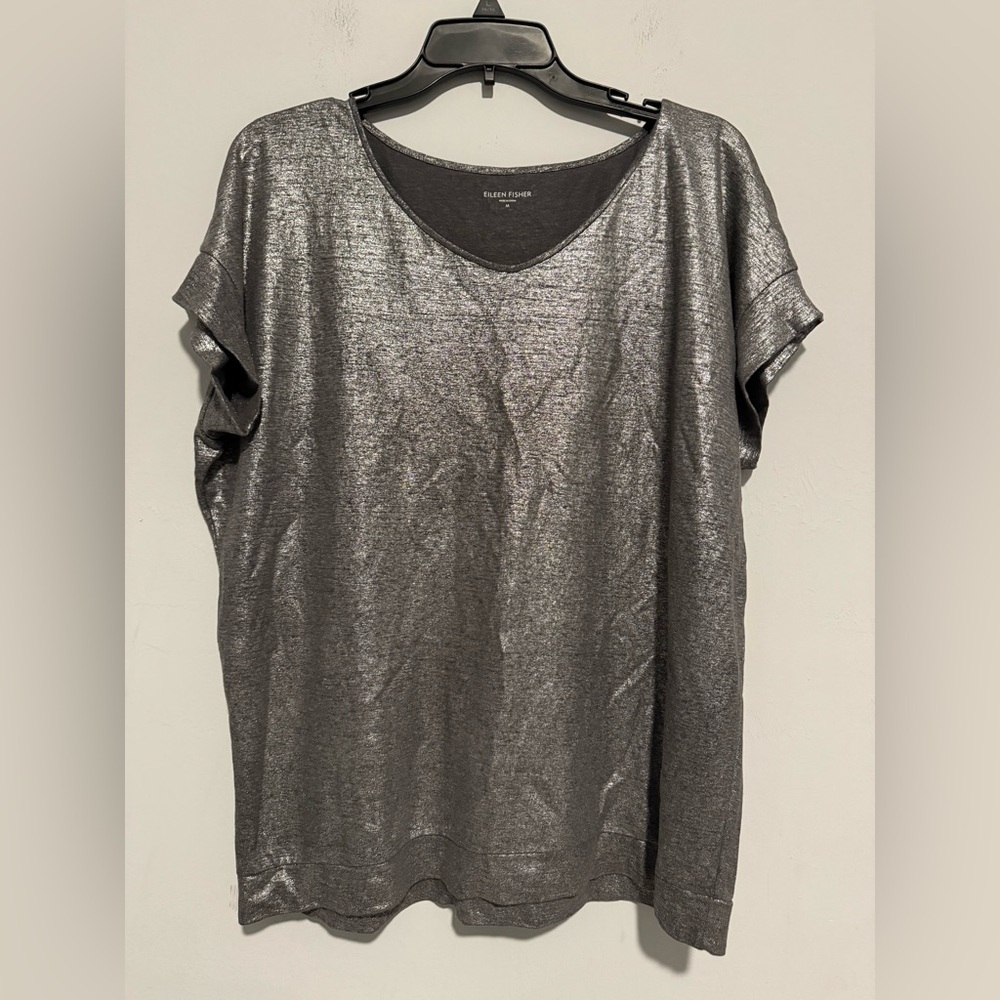 Eileen Fisher Metallic Linen StretchBlouse Sz M Dolman Sleeve Silver Shiny
